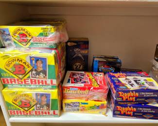1989 Bowman baseball bubble gum cards. Sold by the case. 12 cases total. Donruss baseball and puzzle cards. Donruss baseball and puzzle cards 1989. Topps Stadium Club baseball super premium picture cards 1993 series. 540 double play Master photo baseball cards.