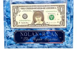 Nolan Ryan the Ryan Express plaque with $1 bill that has Nolan Ryan's face