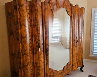 Very large 3 door Burl walnut dressing wardrobe cabinet.