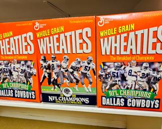 General Mills whole grain Wheaties Dallas Cowboys 1993 NFL champions 1992 boxes. Still has the cereal inside. Sold separately
