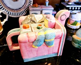 Circa 1995 Omnibus hand-painted diners themed teapot with two mugs and a cream and sugar. Sold as set