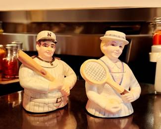 1994 Omnibus male and female Fitz and Floyd tennis plater tea pitchers 