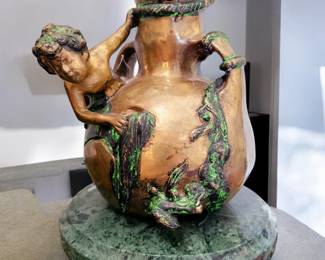 Nude boy on vase bronze statue by p.j.mene