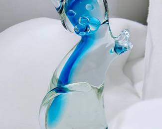 Murano glass artas Glass blue striped cat 