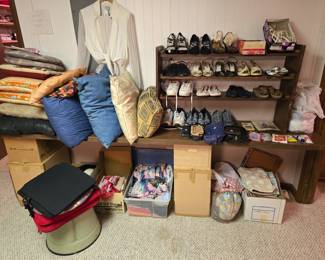 Basement, Ping-Pong Rm.  Throw pillows, Shoes, Sewing supplies.  Everything in this room 50% off price marked!