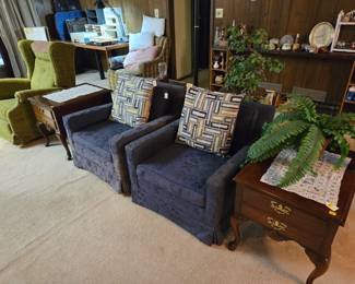 Living Rm.  Blue chairs, End Table.  Everything in this room 50% off price marked!