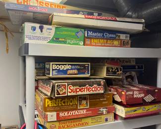 Board games vintage from 1970's..Crossfire, Monopoly multiple additions, boggle, master chess, Enemy Again, Superfection, Perfection, Solotaire, tournament backgammon, big boggle outwit stay alive and many more