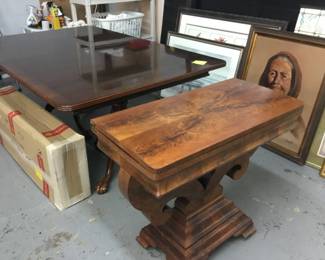 Dining room table with 2 leaves in box, pedestal base (no chairs) $100!. Empire table $200!