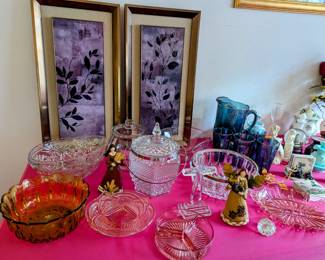 Lots of Collectible and Decorative pieces - including Wexford Ice Bucket, Blue Depression Glass Pitcher and glasses, etc.