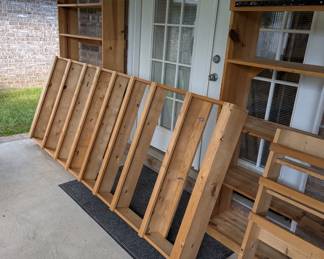 Tall Wooden Shelf (on side) $60. Standing Wood Shelf (far left) $50.