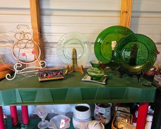 Pink depression glass, vtg green Arcoroc,