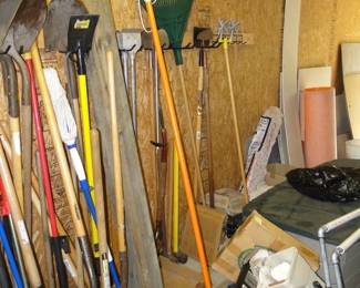 Lawn and garden tools, rakes, shovels and hoes