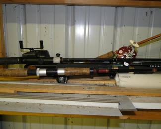 Fishing poles, some vintage, some not so vintage, all in various degrees of wear