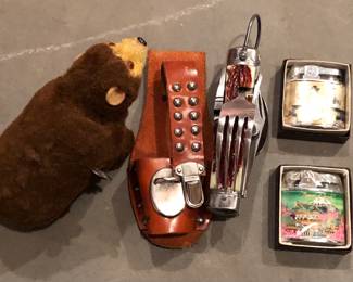 Vintage Lighters, Multi-Tool Knife and Mechanical Toy Bear