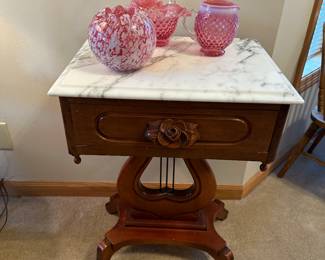Antique marble top side table, Fenton hobnail