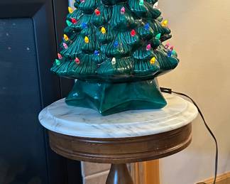 Antique marble top plant stand, vintage H M approximately 22” ceramic Christmas tree music box—RARE!