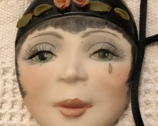 Signed Vintage Porcelain Hand Painted Flapper Face Necklace