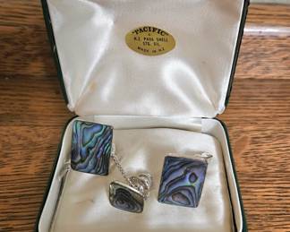 Abalone cufflinks & tie tack set