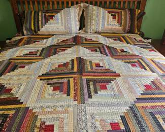Mission Style king size headboard & footboard frame and a beautiful handmade quilt with two shames