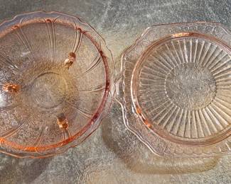 Vintage pink Depression glass - serving bowl & cake platter