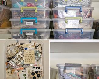 Lots of quilters fabric & a large container of buttons