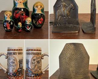 Russian Matryoshka dolls - brass Indian bookends - German stein