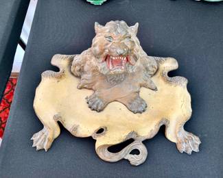 Victorian Era Cold Painted Spelter Figural Lion Inwell & Pen Rest Sculpture