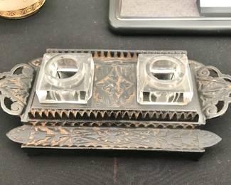 Antique Double Inkwell Desk Set