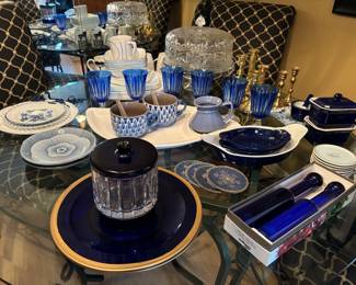 Cobalt blue glasses, plates, crystal cake plate
