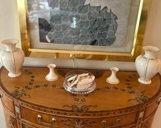 Lenox vases and candlestick holders, crystal dish