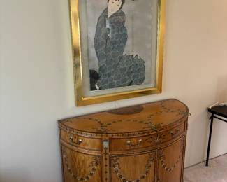 Beautiful Oriental framed artwork and inlaid wood cabinet