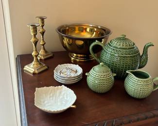 Tea set, brass candle sticks