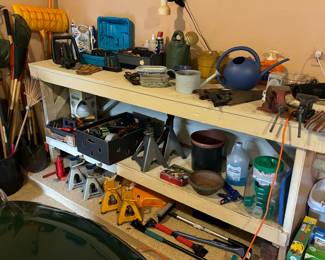 Jack stands, tools, gardening supplies