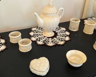 Lenox pitcher, heart dish, candle holders