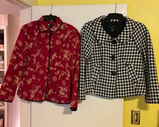 Asian flowered silk quilted jacket, houndstooth blazer