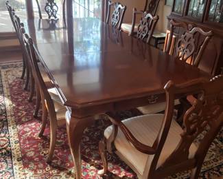 Beautiful inlaid wood dining table w 10 chairs, 2 leaves