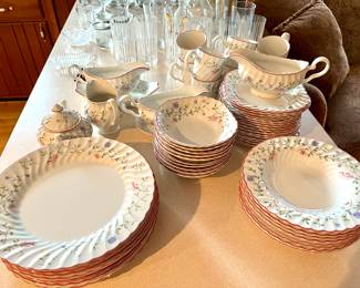 Johnson Bros "Summer Chintz" china set, service for 20 people.  Includes dinner plates, salad, bowls, dessert, cups & saucers and numerous serving dishes.  Roughly 130 pieces.  Includes dish storage containers (not pictured)