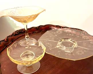 Yellow depression glass, lace pattern