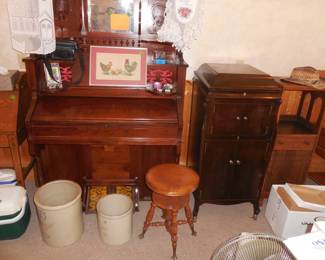 organ, victrola, red wing crocks, claw foot stool