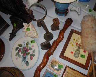 Americana carved cane, vintage bells