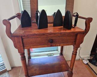 Dry Sink, Mirror, and Cast Iron Irons