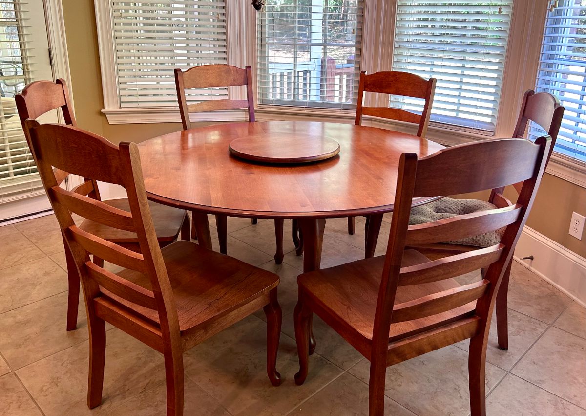 Cherry Round Dining Table with Lazy Susan and 6 Chairs