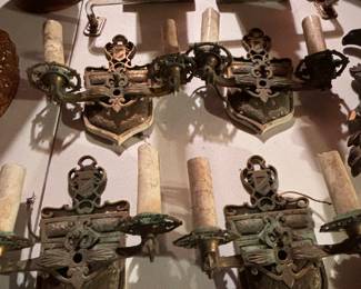 4 ANTIQUE TUDOR DOUBLE WALL SCONCES