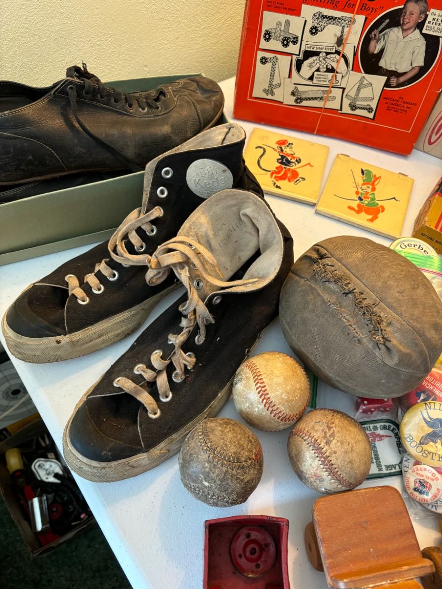 Vintage Keds Basketball shoes, old balls, cleats and tiles