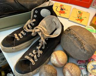 Vintage Keds Basketball shoes, old balls, cleats and tiles
