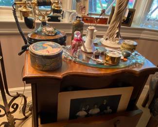 Side table loaded with interesting vintage items