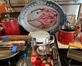 Art pottery platter and misc. kitchen items