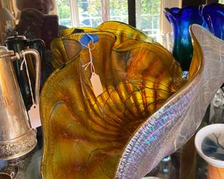 Large signed art glass twisted bowl