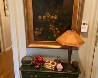 Hallway oil painting in lovely frame and small green country French table