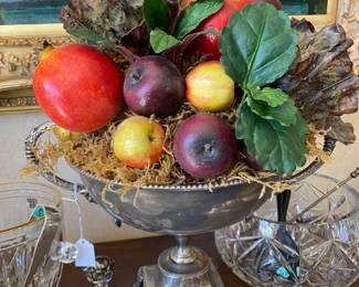 Pewter stemmed dish with decorative fruit